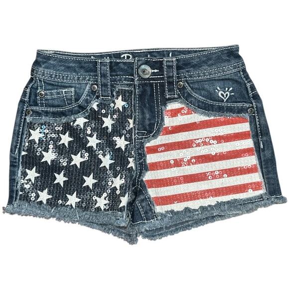 Justice Blue Red White Denim Sequins Stars & Stripes USA Flag Shorts Girls 8R - Picture 1 of 5